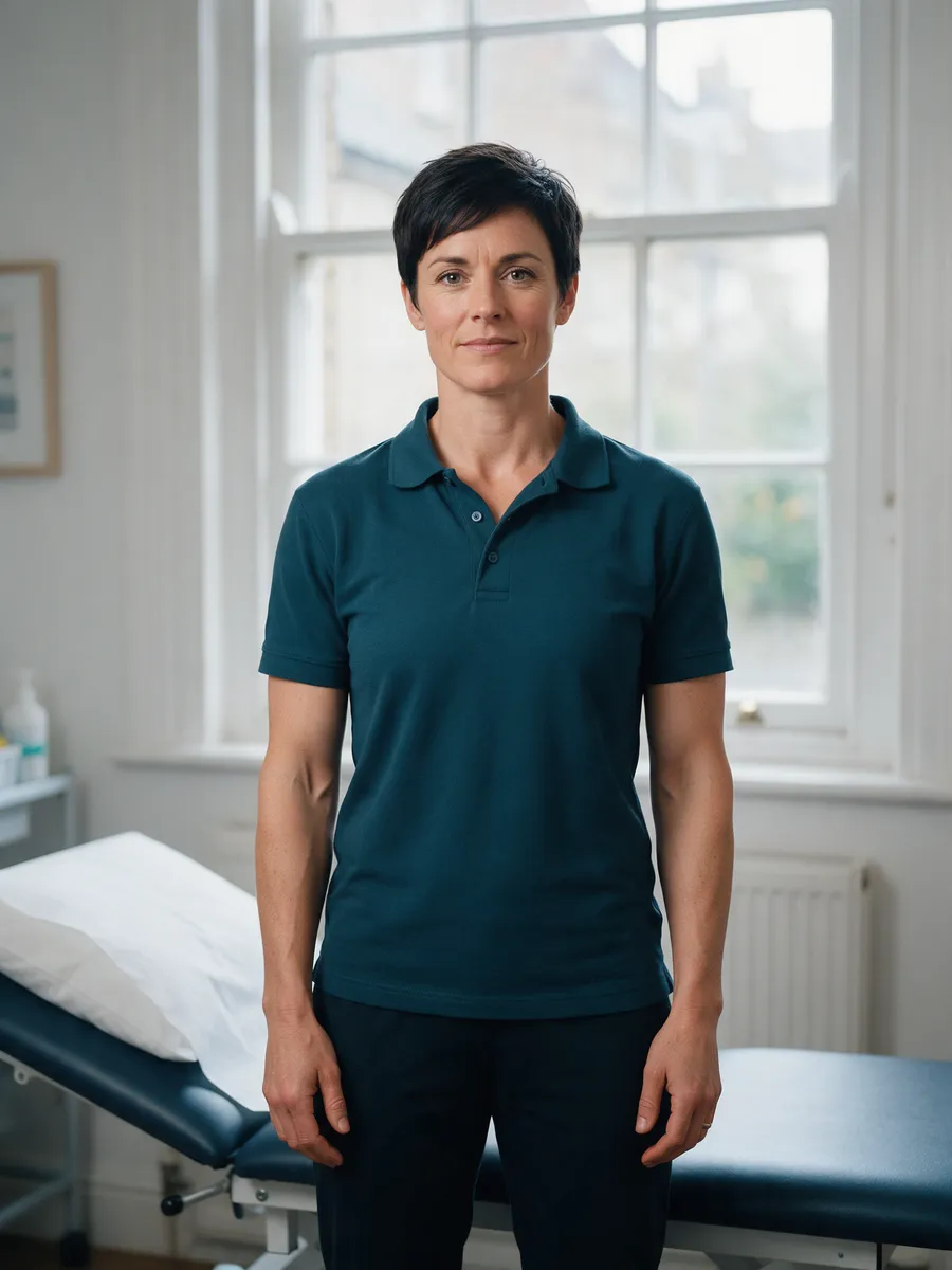 Carys Bevan, a woman sports massage therapist in her late thirties with short dark hair and an athletic build, in a dark teal polo shirt beside a treatment couch in a bright clinic room