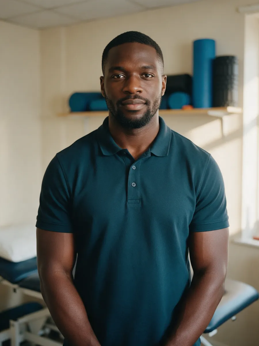 Jamal Okafor, a Black British sports massage therapist in his early thirties with a broad build and a trimmed beard, in a dark teal polo shirt in a small clinic room with foam rollers on a shelf behind