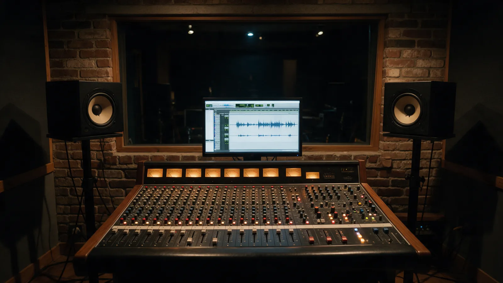 A recording studio control room at night: a large mixing console with glowing meters, two studio monitors, a screen with waveforms and a window through to a dark live room
