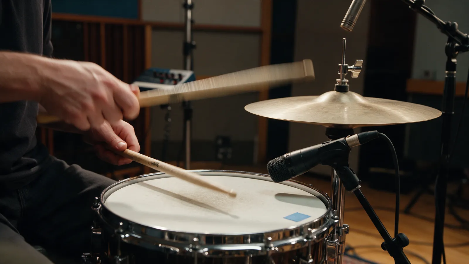 Close-up of a drummer's hands and sticks over a snare and hi-hat in a recording studio live room, two close microphones on the drums