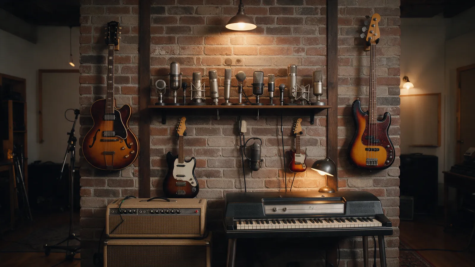 A wall of recording equipment: a rack of vintage microphones on a shelf, guitars hung on the brick wall, a vintage bass amplifier and an electric piano