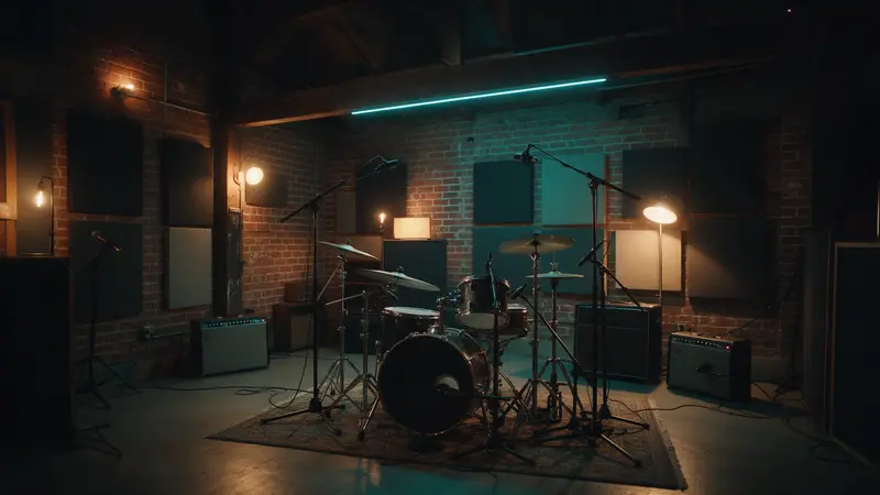 The live room of a recording studio in a converted red-brick warehouse: a drum kit on a rug, amplifiers and microphones on stands, acoustic panels on exposed brick and a cyan LED strip along a beam