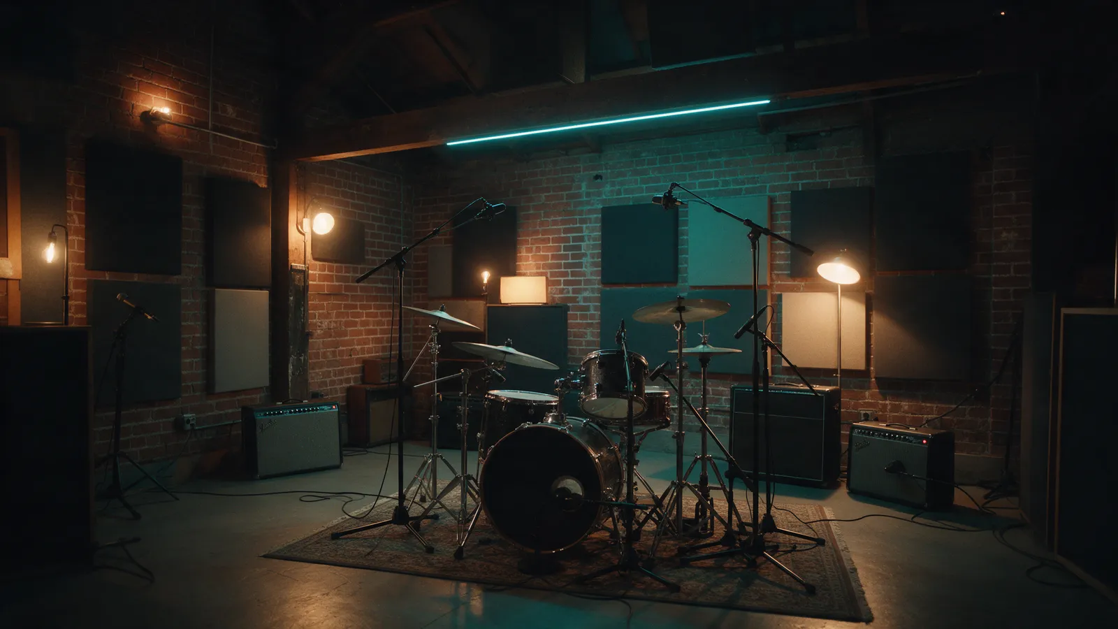 The live room of a recording studio in a converted red-brick warehouse: a drum kit on a rug, amplifiers and microphones on stands, acoustic panels on exposed brick and a cyan LED strip along a beam