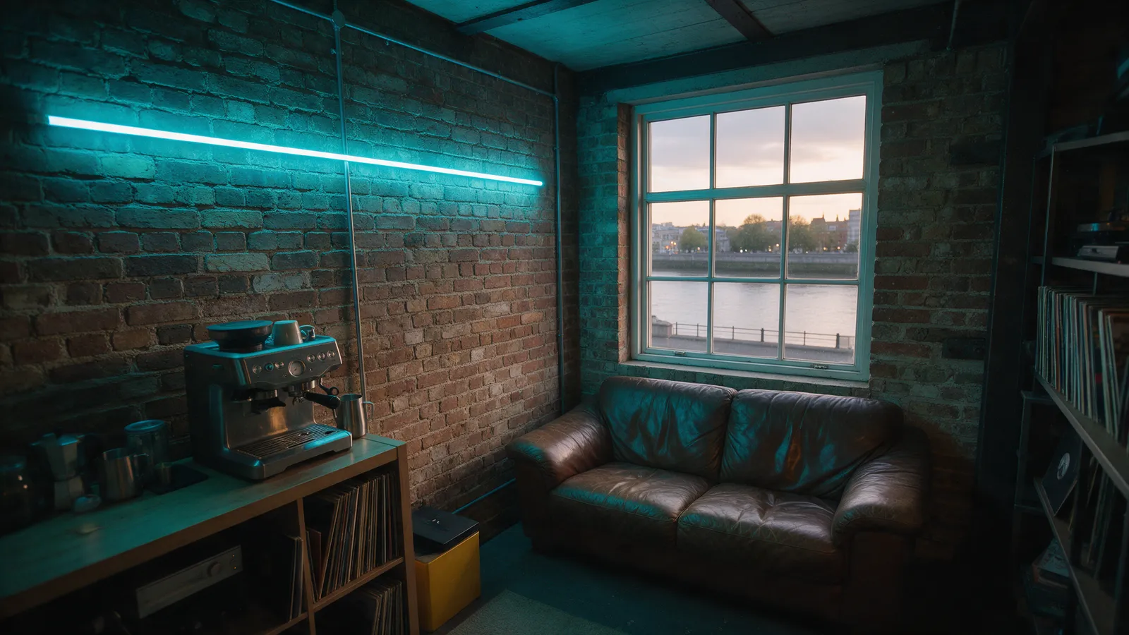 A small studio lounge in a converted warehouse with a leather sofa, a coffee machine, records on a shelf and a window onto a river embankment at dusk