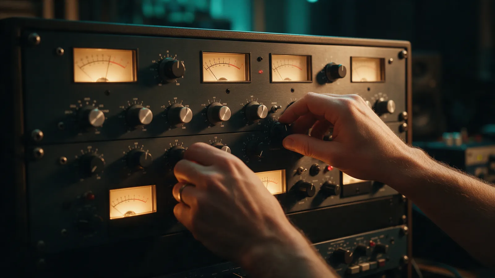 A mastering engineer's hands adjusting knobs on a rack of outboard audio gear with glowing VU meters in a dim studio