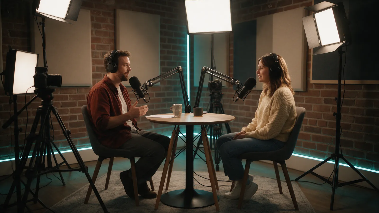 A podcast suite in a brick-walled studio: two hosts talking into broadcast microphones on boom arms across a small round table, cameras on tripods, soft panel lights and a cyan LED strip