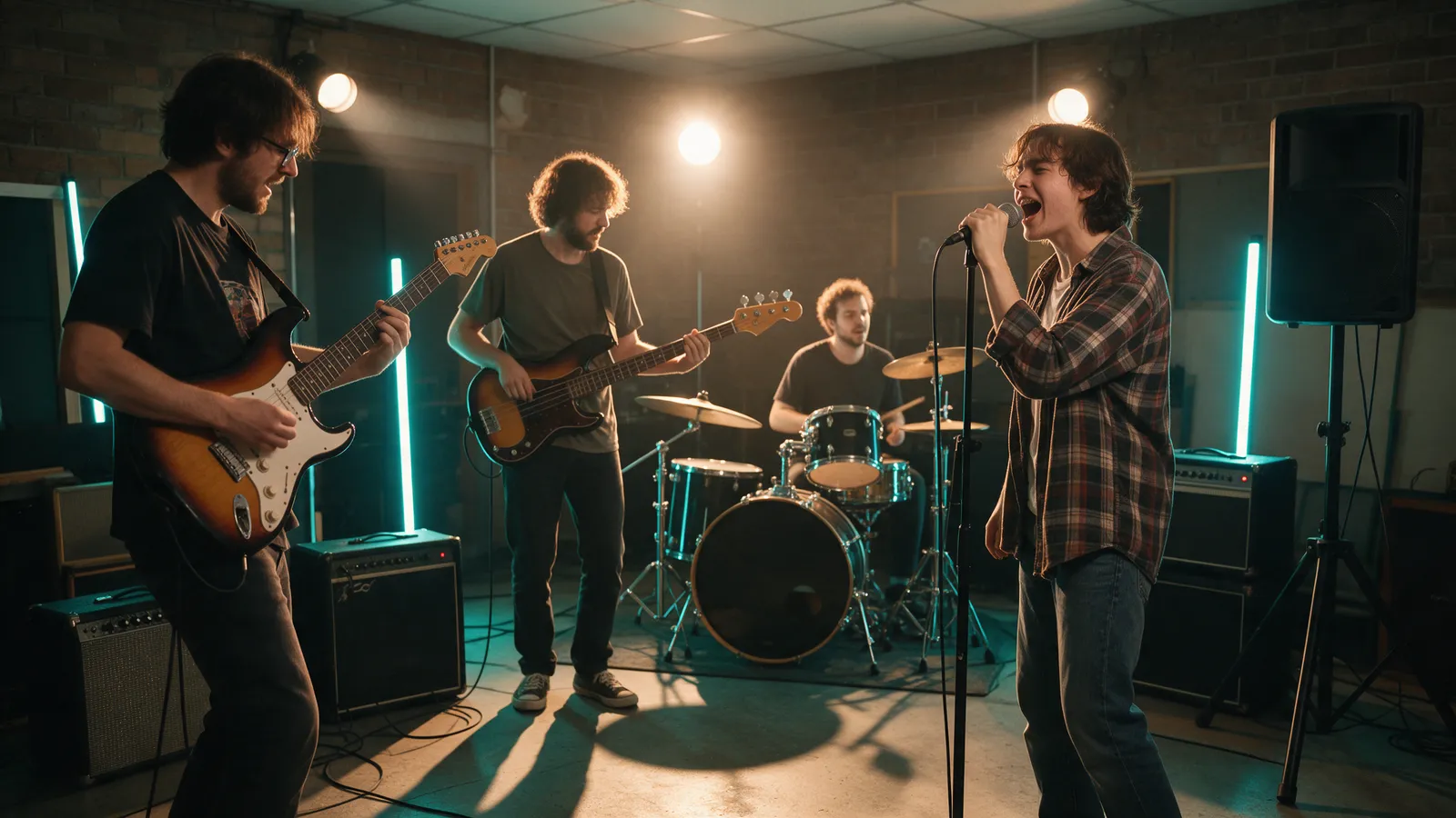 A four-piece band rehearsing in a brick-walled rehearsal room: guitarist, bassist, drummer and a singer at a microphone, with amplifiers and stage lights