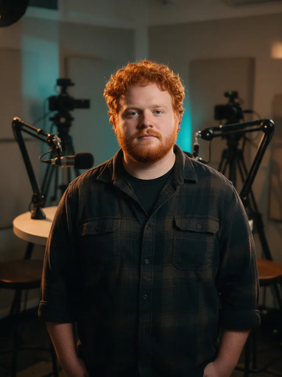 Dylan Price, a podcast engineer in his late twenties with curly red hair and a beard, in a dark flannel shirt, standing in a podcast studio with microphones on boom arms and cameras behind