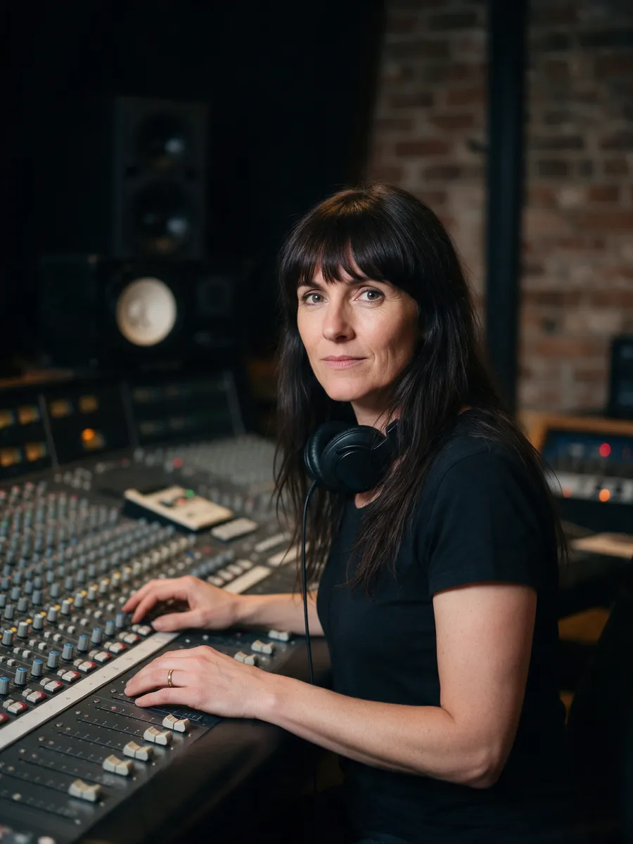 Siân Rowlands, a sound engineer in her early forties with long dark hair and a fringe, in a black T-shirt with headphones round her neck, at a mixing console in a dim control room