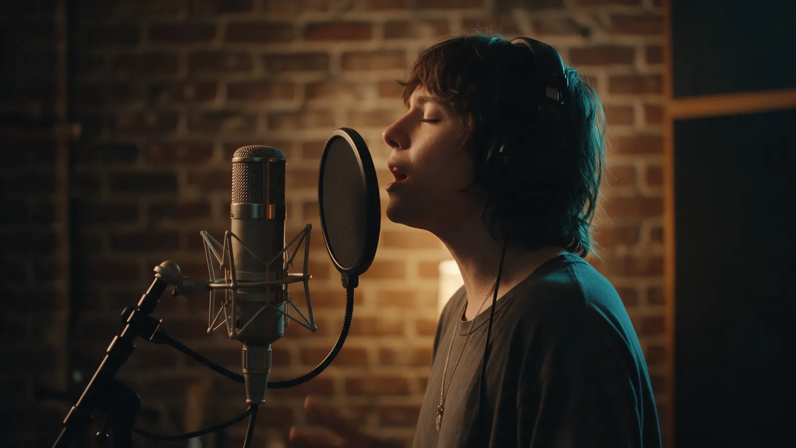 A singer recording vocals in a studio, seen from the side in front of a condenser microphone with a pop shield, wearing headphones, warm low light and a cyan rim light
