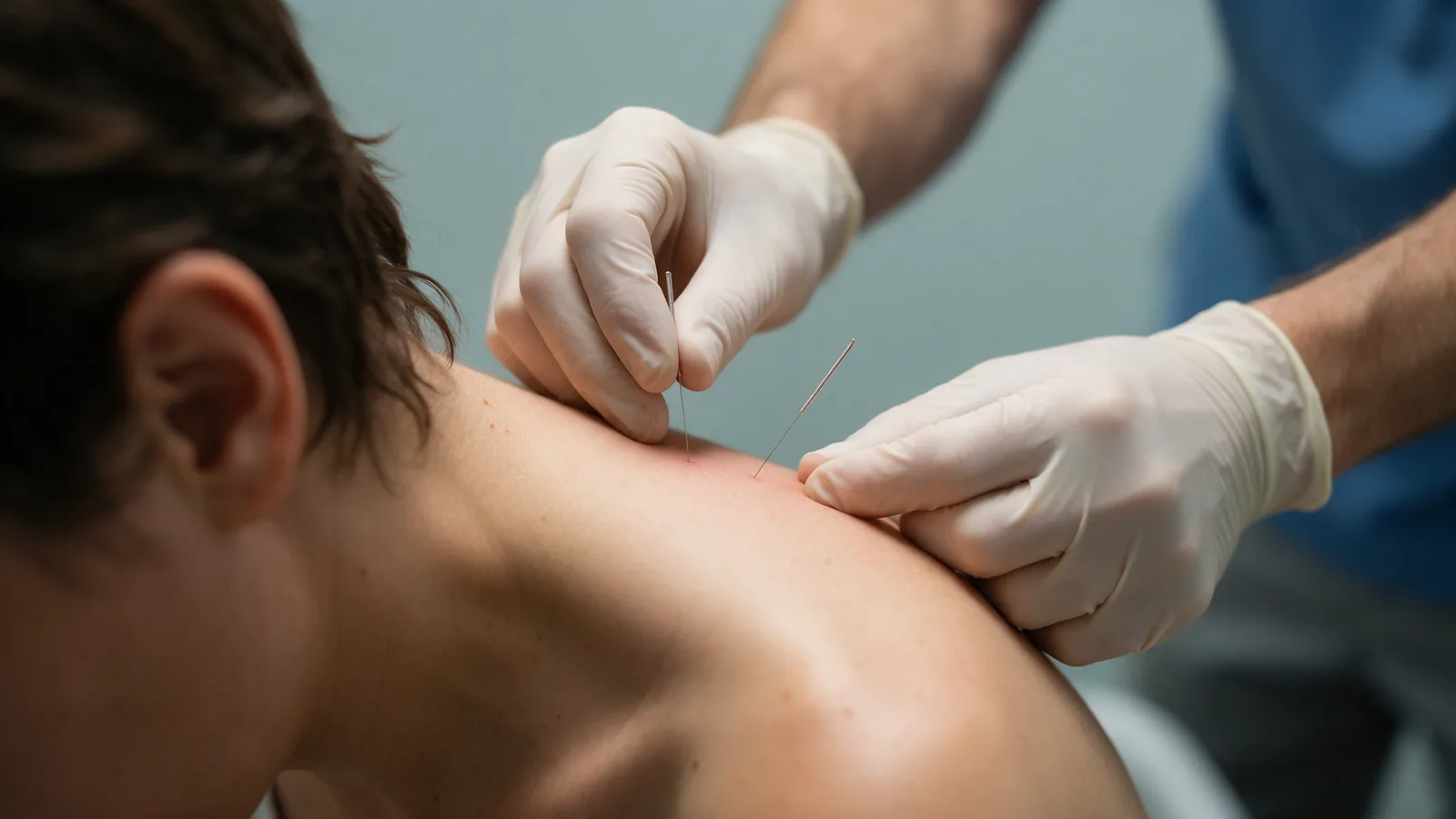 A physiotherapist applying acupuncture needles to a patient's upper shoulder