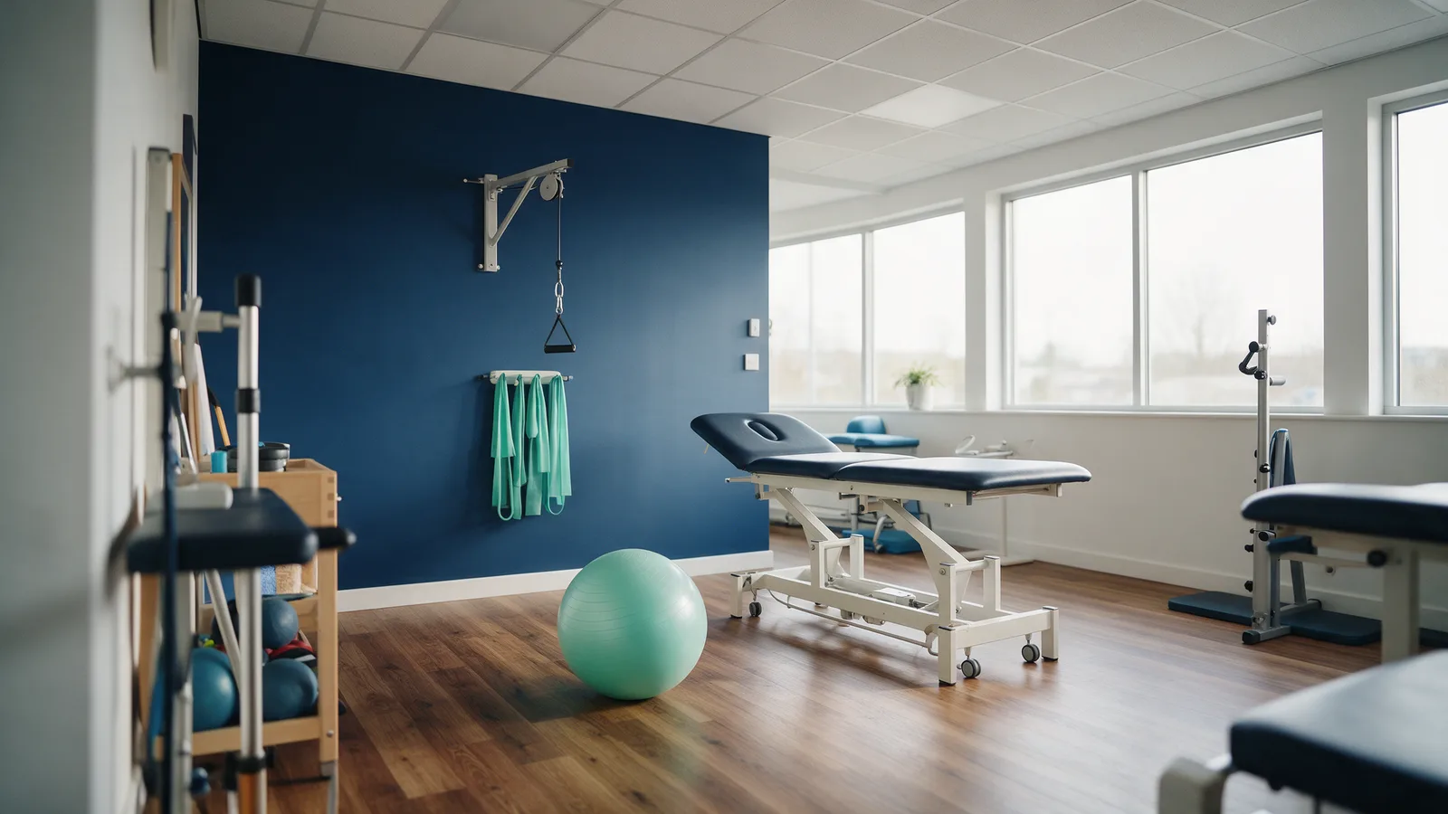 The clinic gym: a navy feature wall, mint resistance bands and an exercise ball, a treatment plinth and a wall pulley by large windows