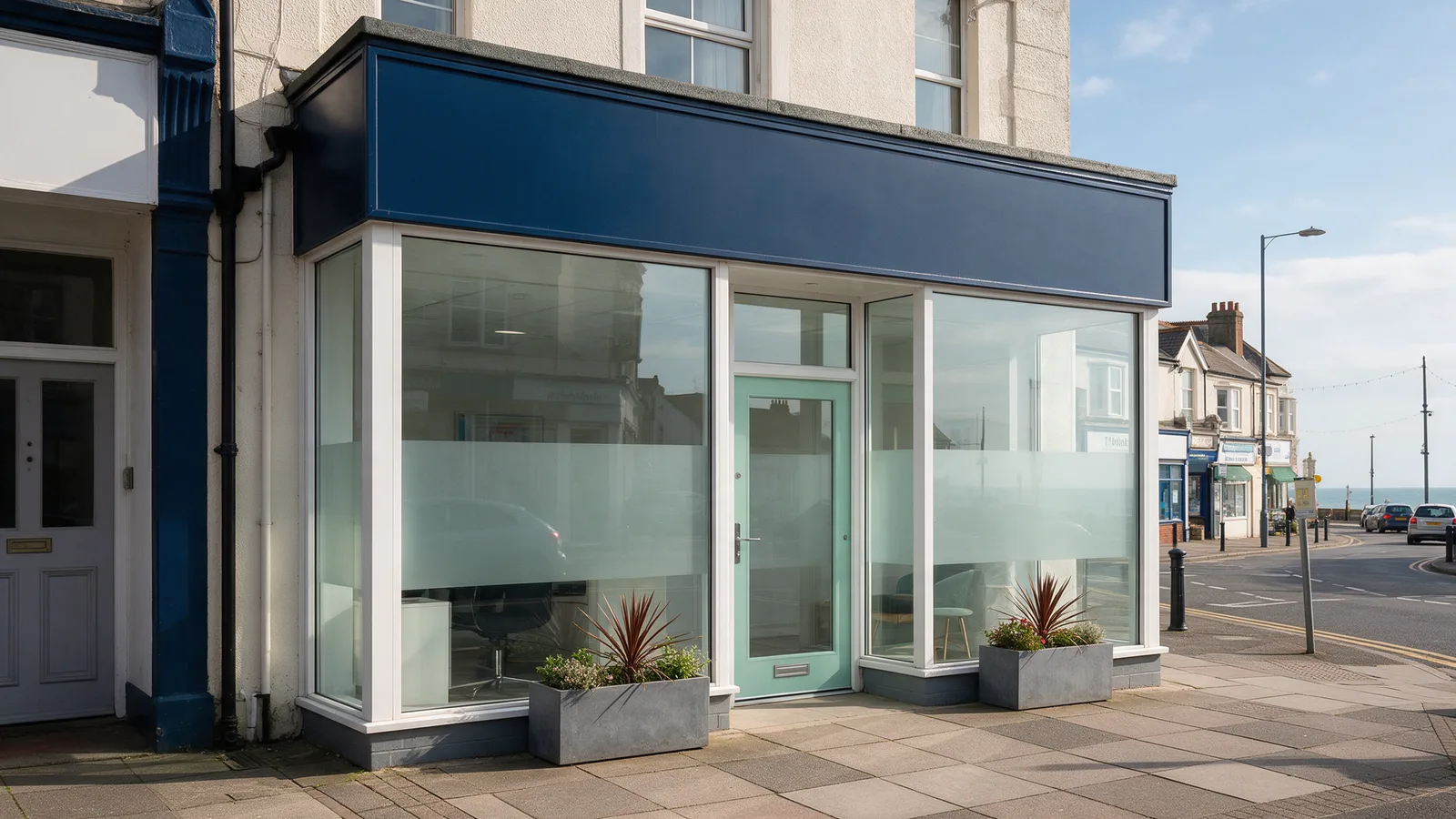The clinic: a modern glass-fronted unit with a mint door and navy fascia on Windsor Road, planters outside