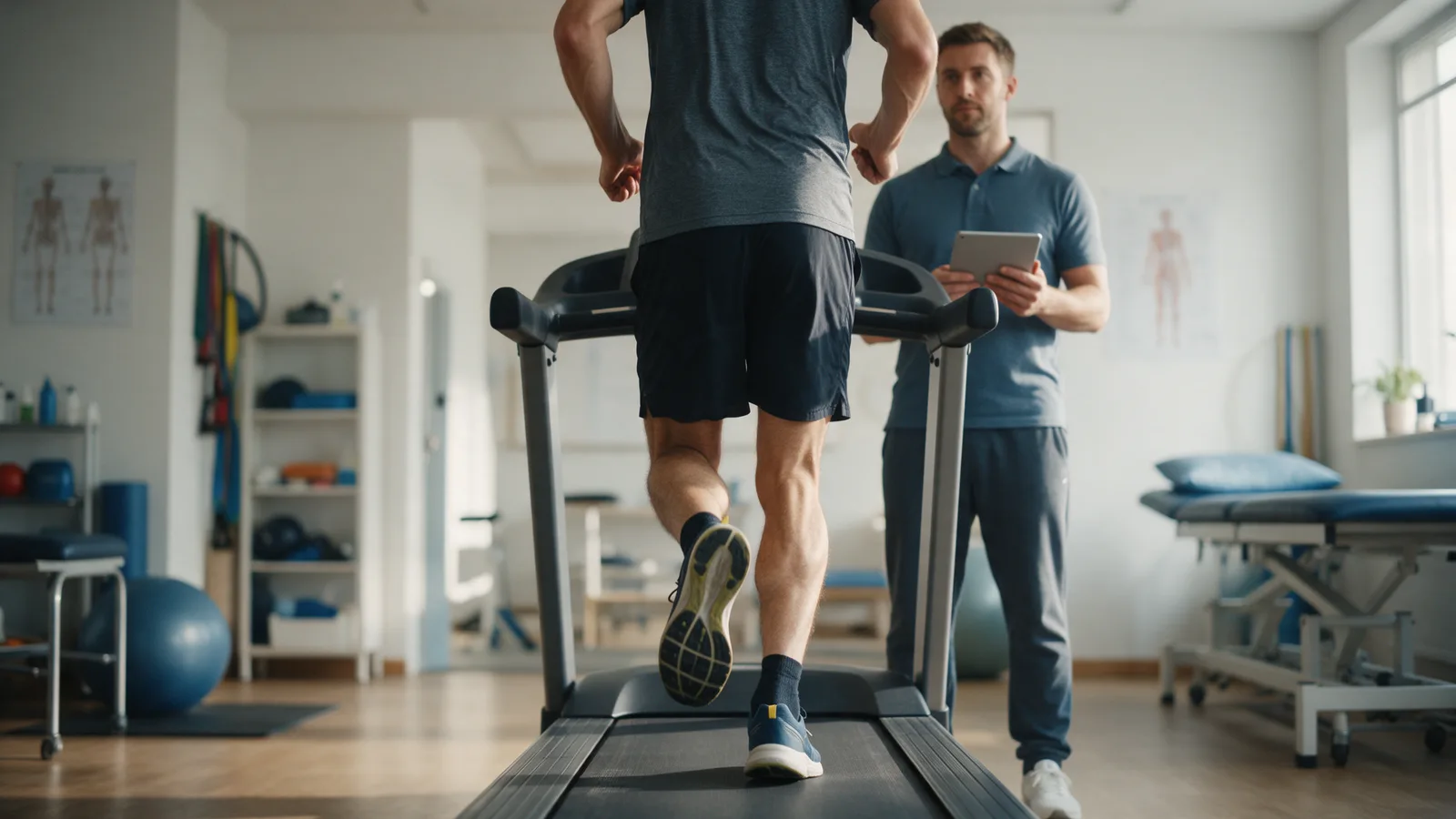 A runner on a treadmill while a physiotherapist films her gait from behind with a tablet
