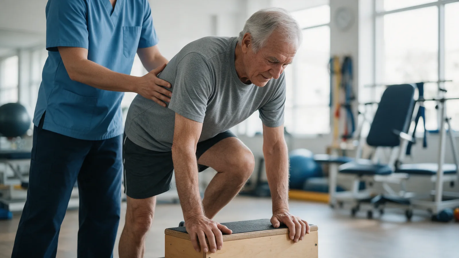 A man in his seventies practising step-ups on a low step with a physiotherapist beside him for support