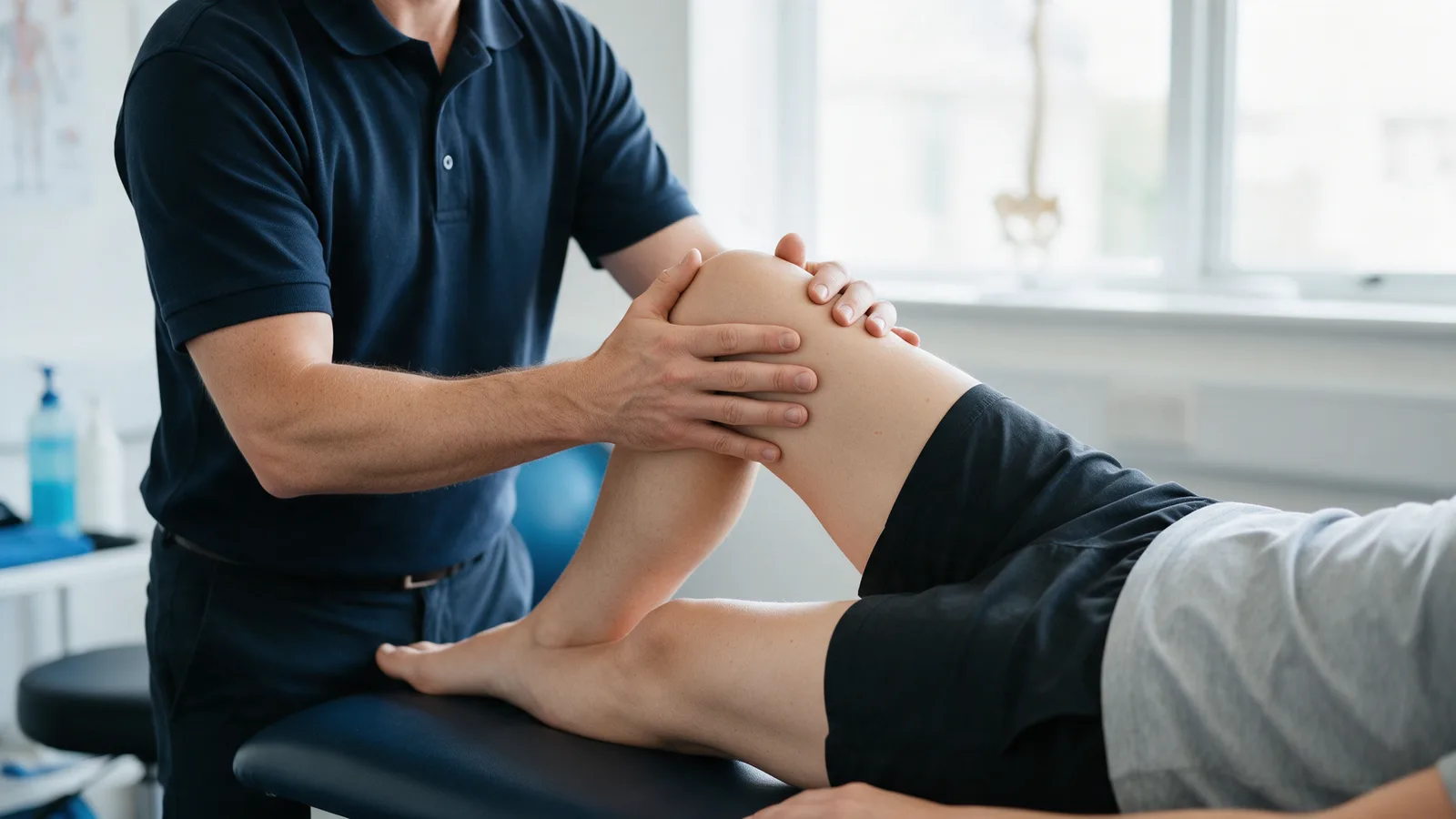 A physiotherapist guiding a patient through a knee-strengthening exercise on a treatment plinth