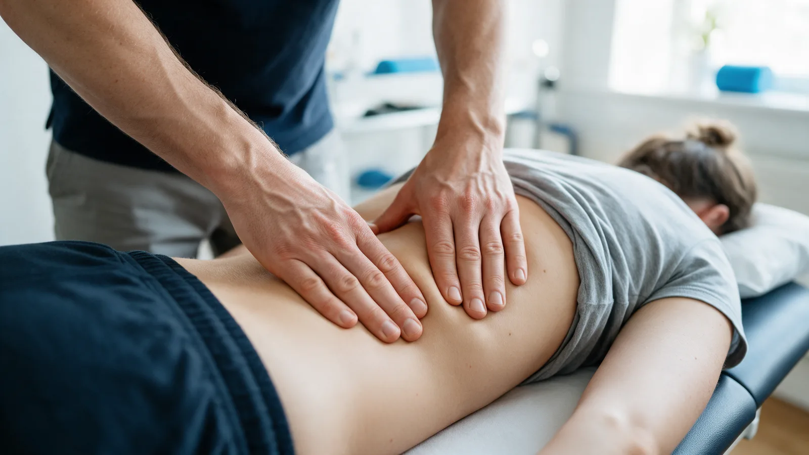 A physiotherapist's hands performing manual therapy on a patient's lower back on a treatment plinth