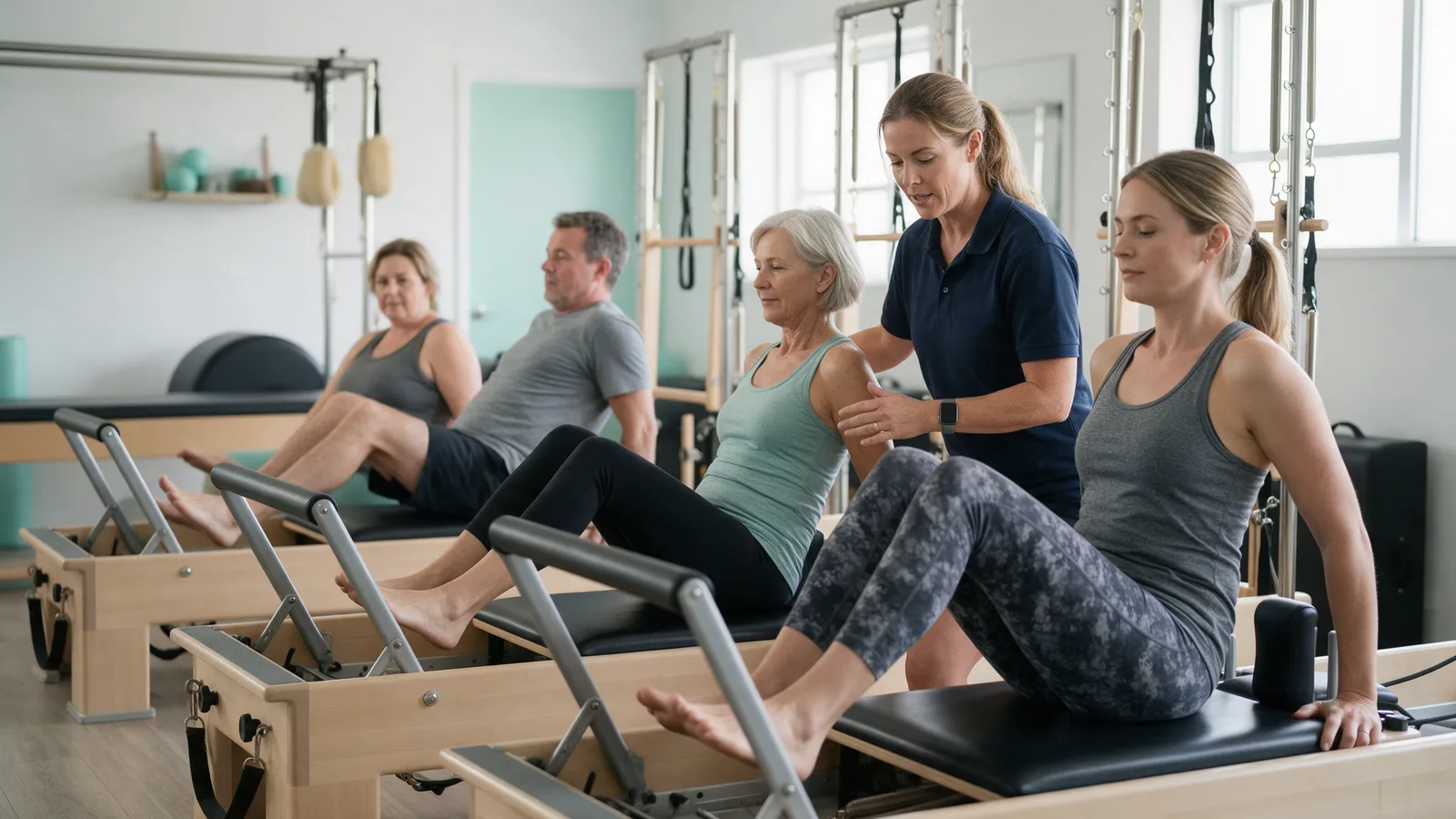 A small clinical Pilates class on reformer machines led by a physiotherapist