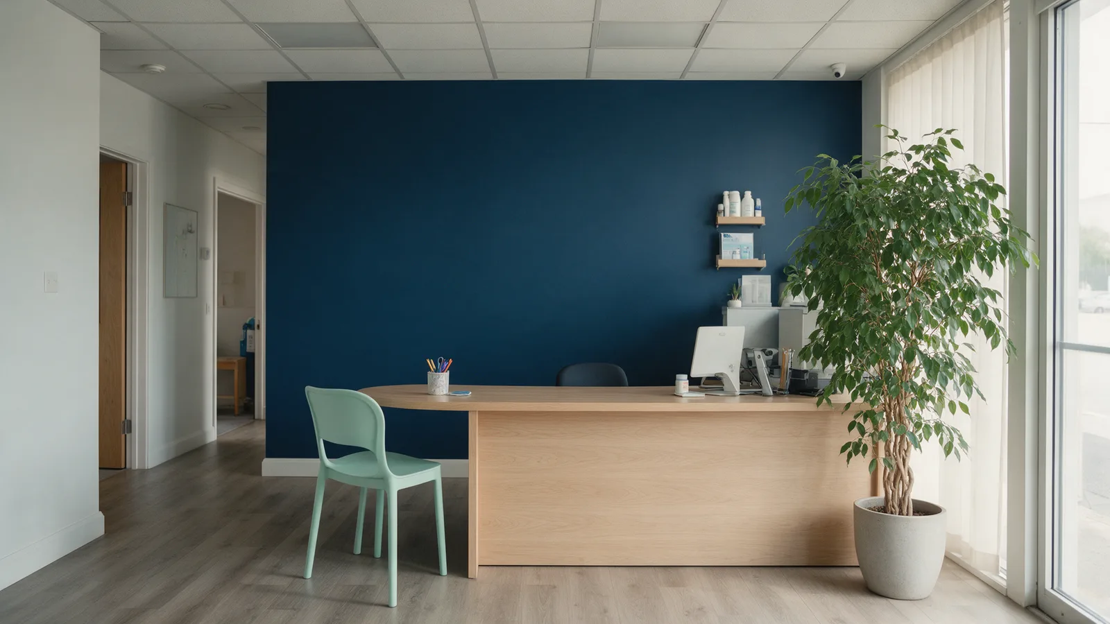 The clinic reception: a light wood desk, a navy wall, a mint chair and a large plant