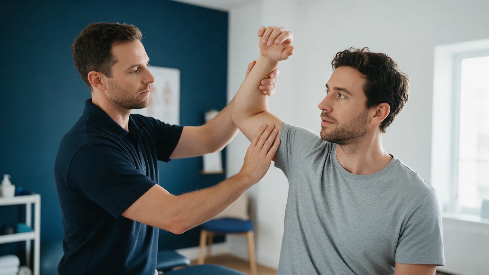 A physiotherapist assessing a seated patient's shoulder, lifting the arm to check range of movement