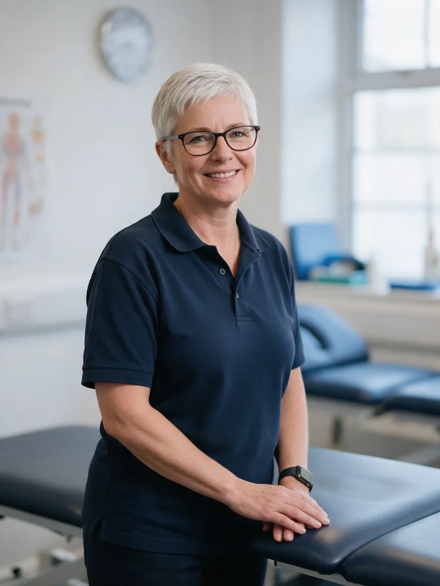 Jane Howell, a physiotherapist in her fifties with short silver hair and glasses, standing by a treatment plinth