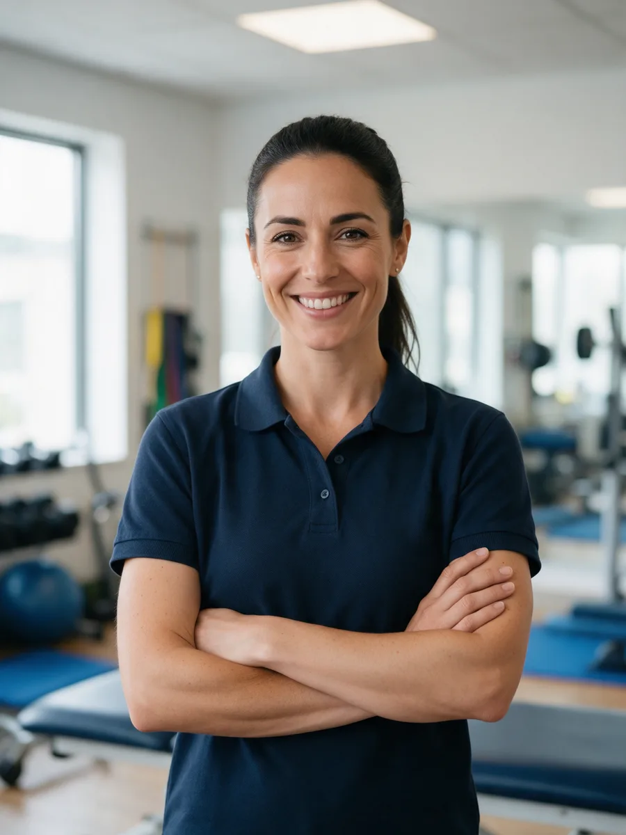 Sara Lewis, a physiotherapist in her thirties with a dark ponytail in a navy polo, arms folded in the clinic gym