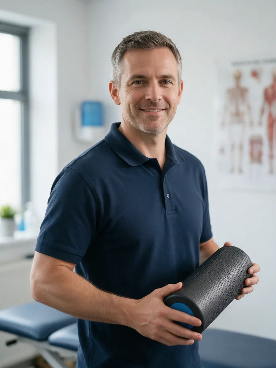 Tom Griffiths, a physiotherapist in his forties with short greying hair in a navy polo, holding a foam roller