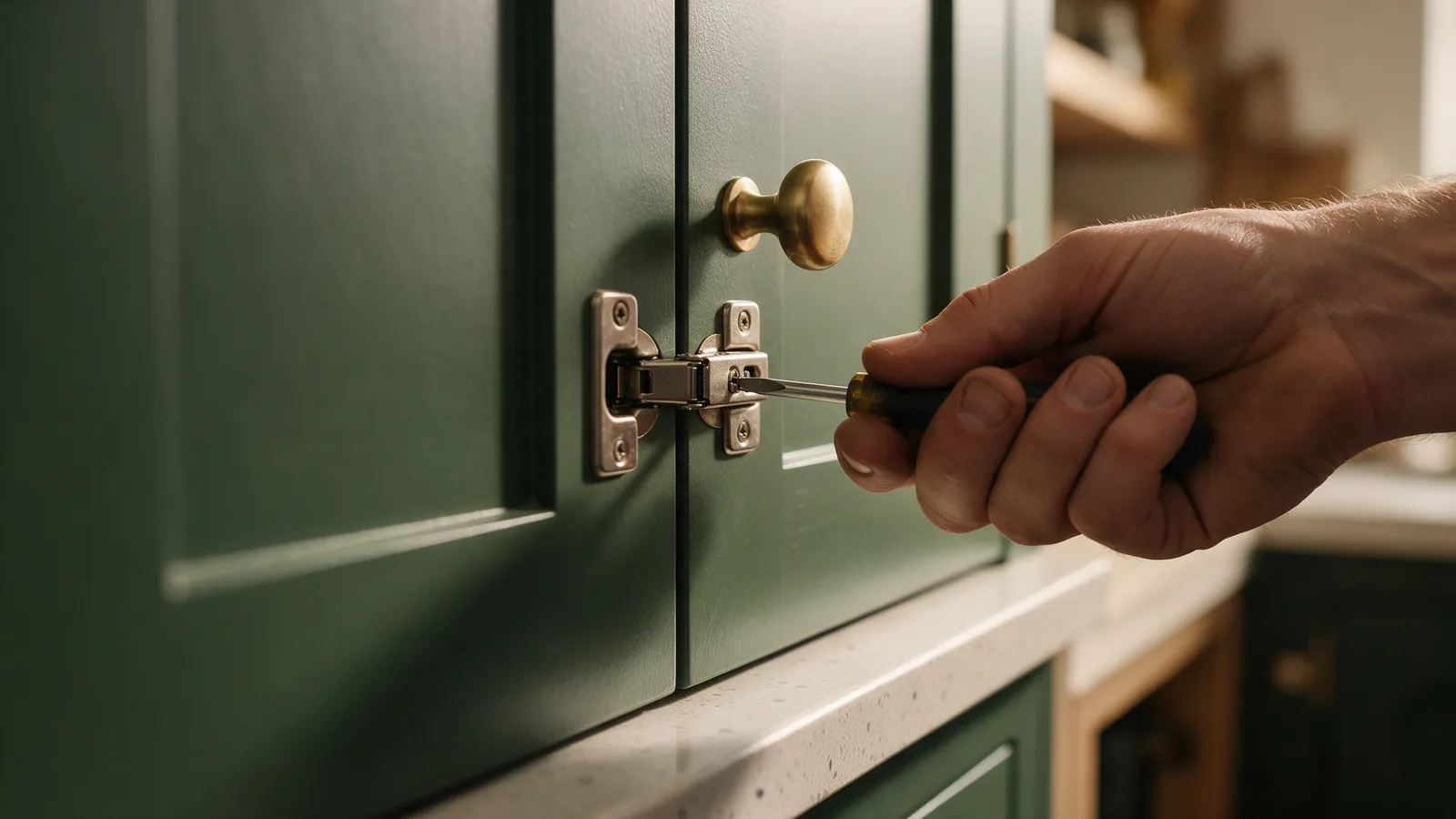 A fitter adjusting a soft-close hinge on a forest green shaker door with a small screwdriver, a brass knob and the quartz worktop edge in view