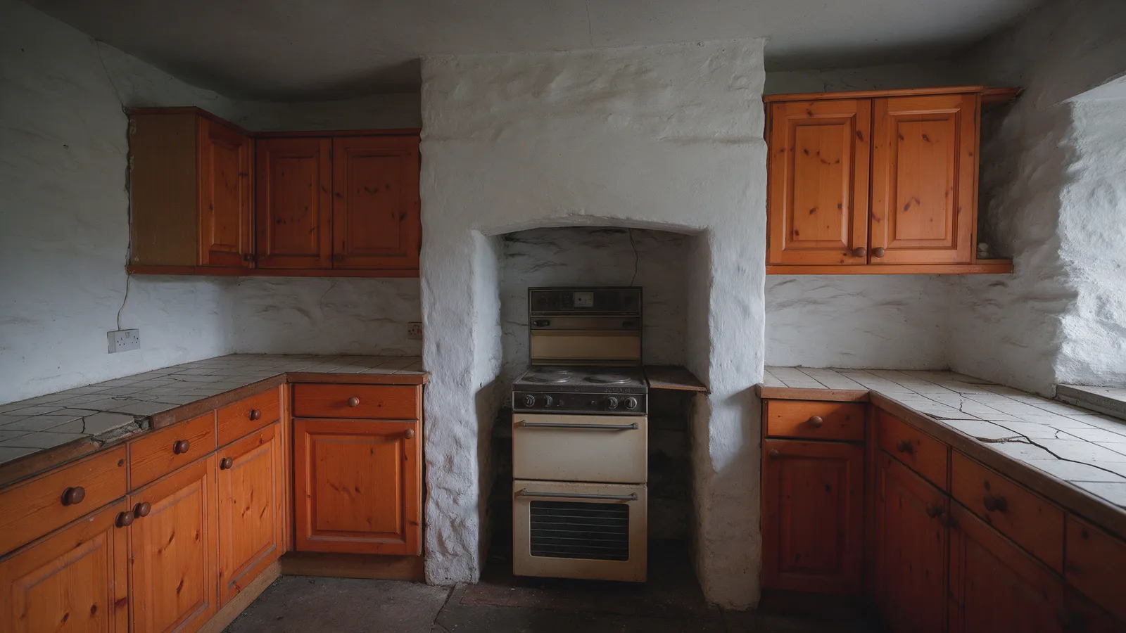 The same cottage kitchen before: dated orange pine units and a cracked tiled worktop