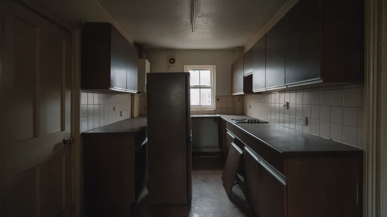 The same galley before: dark units, a fridge in the way and a broken drawer
