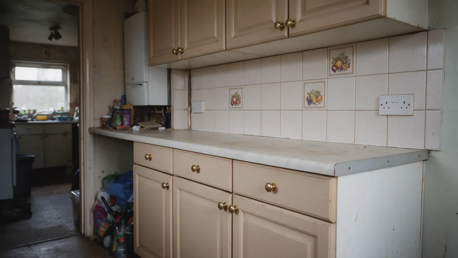 The same 1930s semi kitchen before: beige wooden doors, worn laminate and fruit-pattern tiles