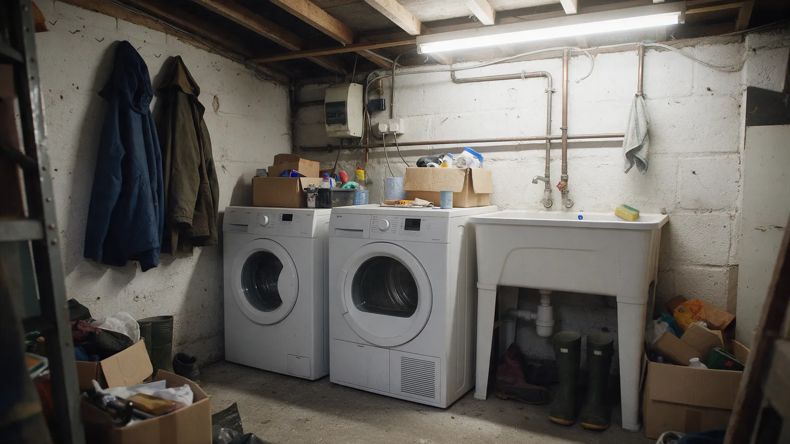 The same room before: a cluttered garage corner with a washing machine on bare concrete