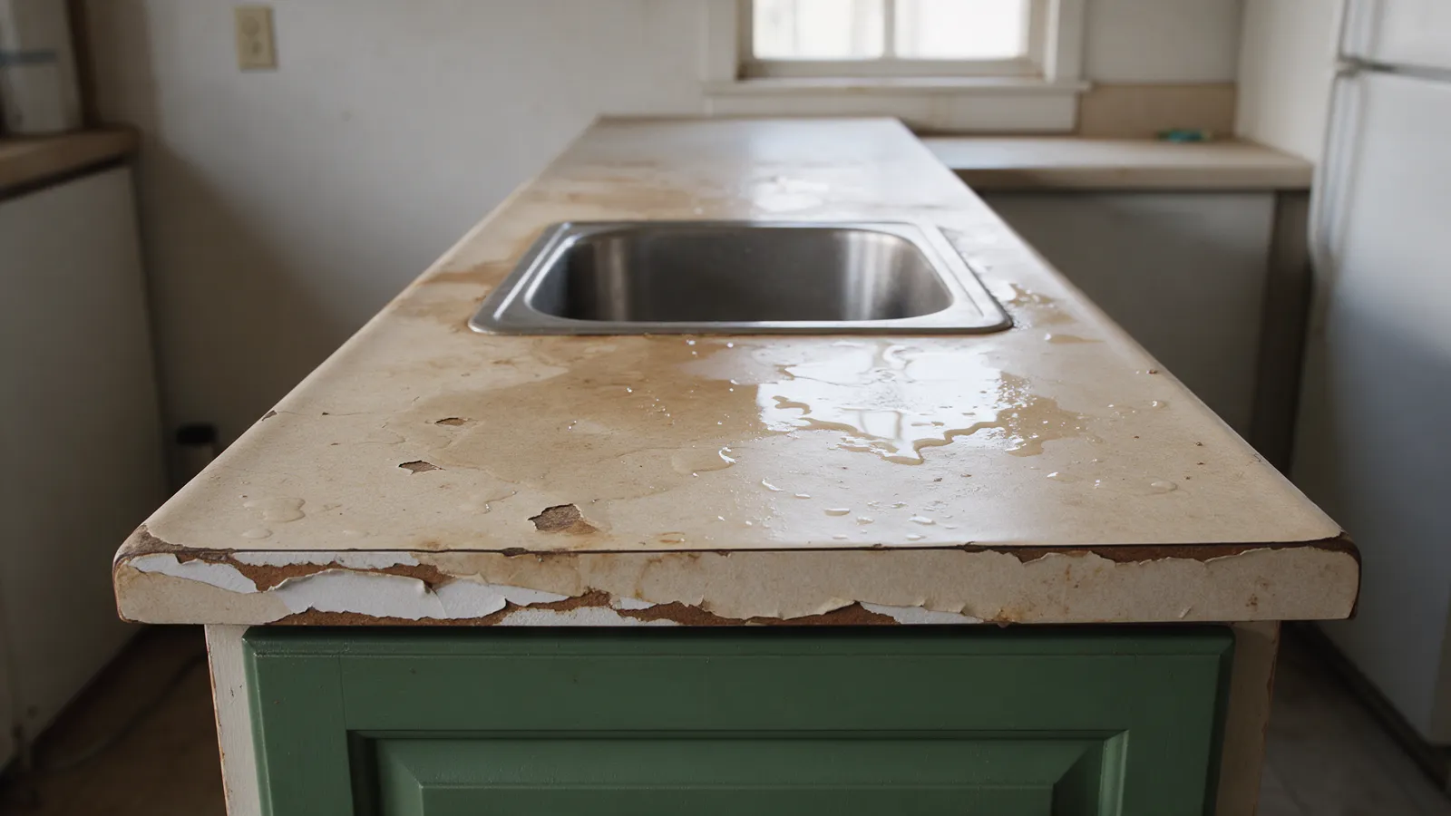 The old worktop before: chipped and swollen laminate round the sink
