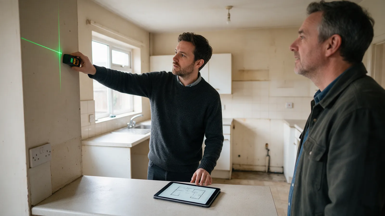 A kitchen designer in a charcoal jumper measuring a wall with a laser in a dated kitchen, a tablet with a floor plan on the worktop, the homeowner looking on