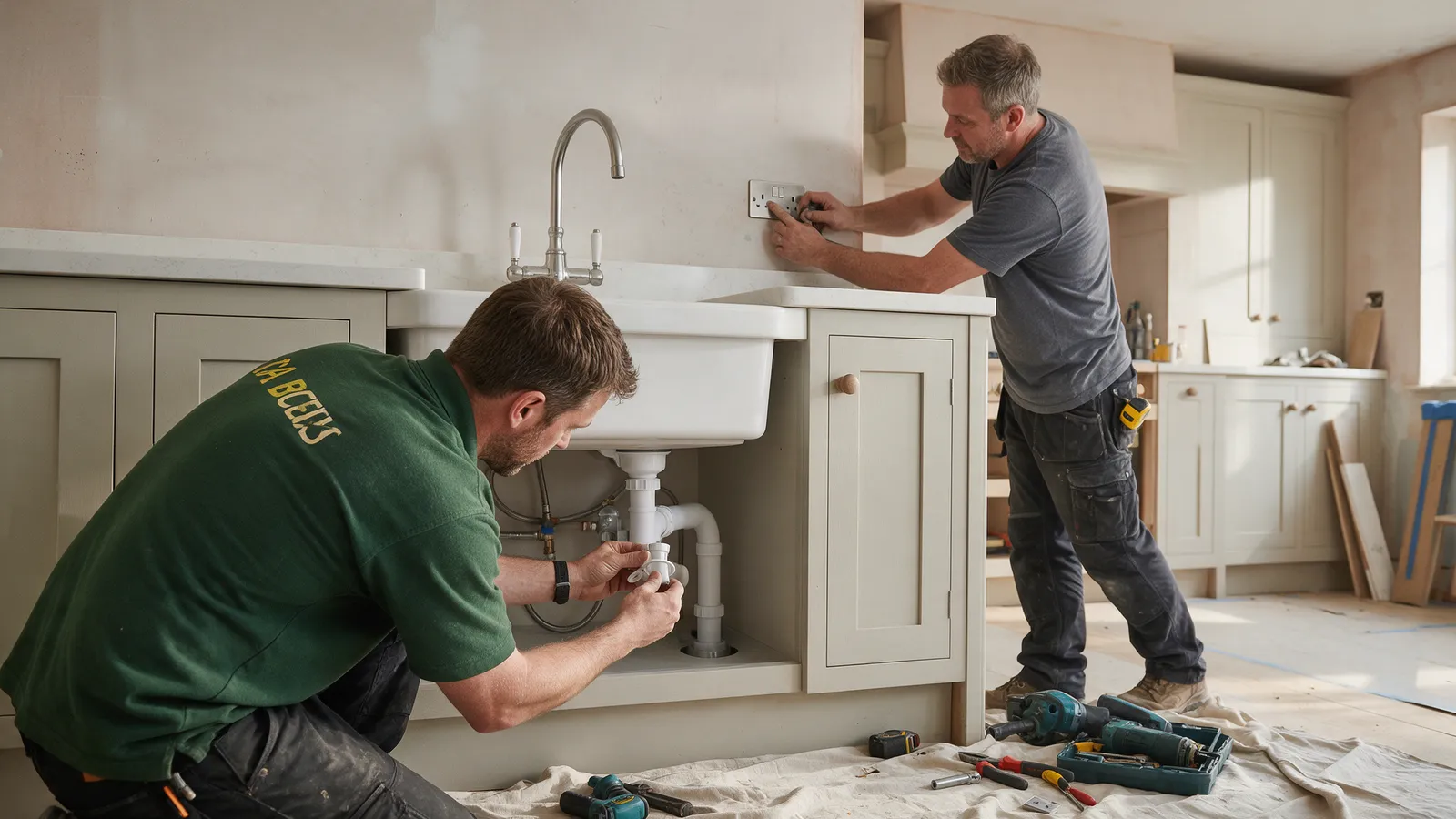 A fitter in a forest green shirt connecting the plumbing under a new sink cabinet while an electrician fits a socket on the splashback wall