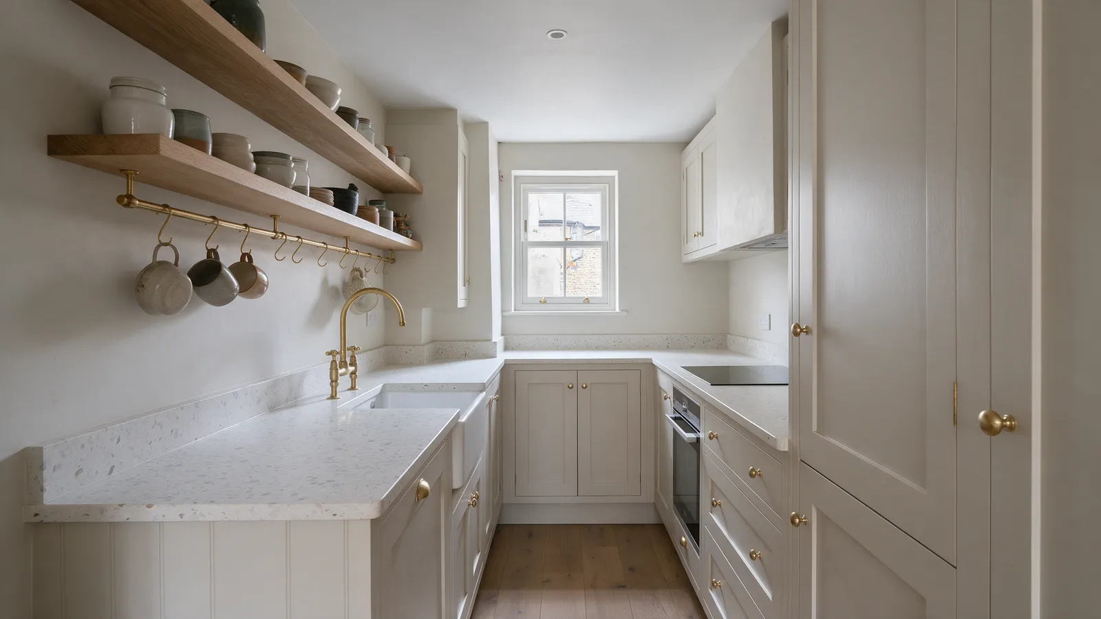 The finished narrow galley kitchen with linen cabinets, oak shelves and a sash window