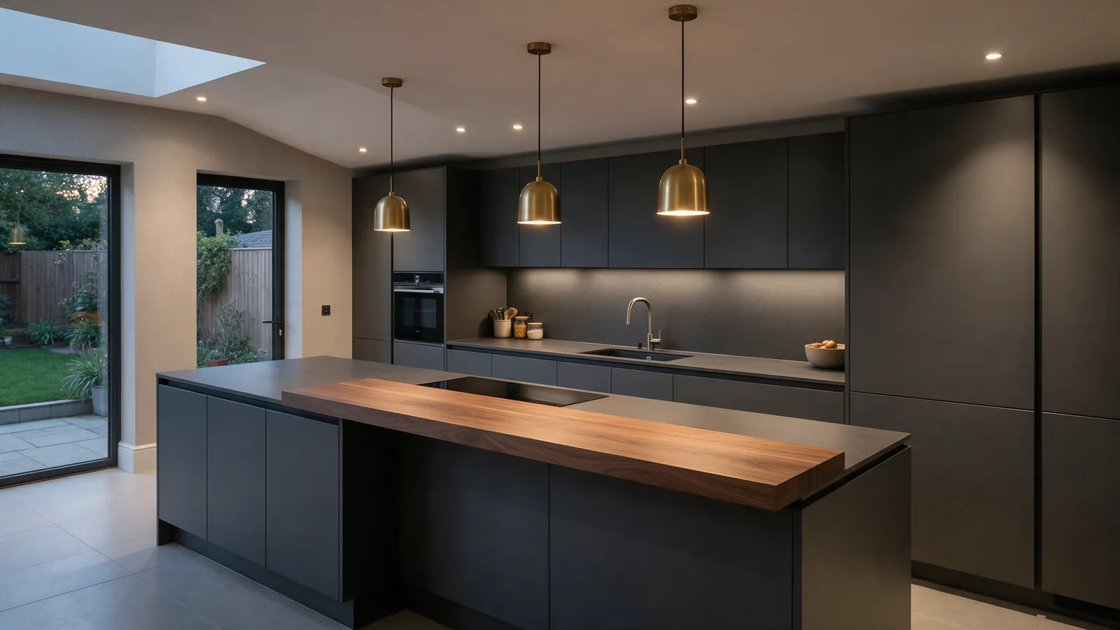 The finished charcoal handleless kitchen with a walnut breakfast bar and brass pendants in an extension