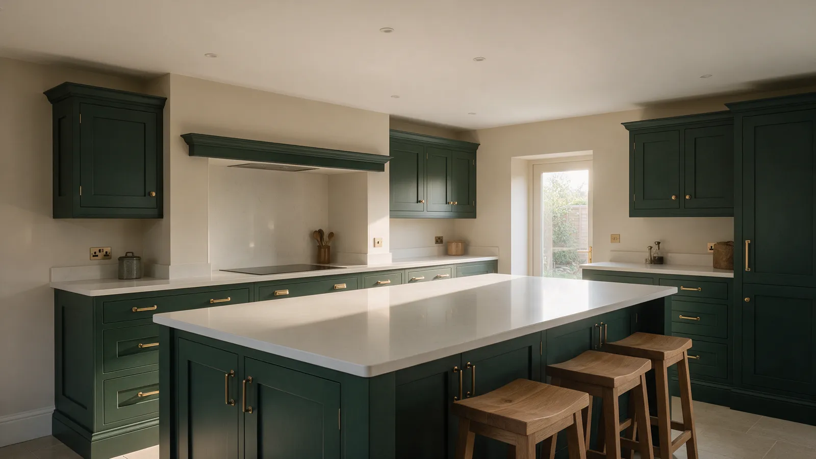 A newly fitted forest green shaker kitchen with brushed brass handles, a pale quartz worktop and a large island in a 1930s semi