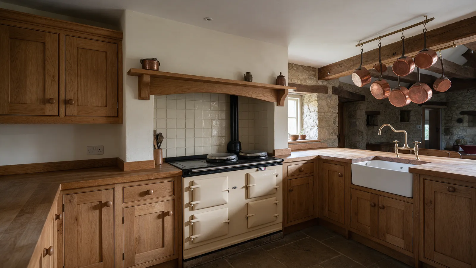 The finished solid oak cottage kitchen with a cream range cooker in the chimney breast