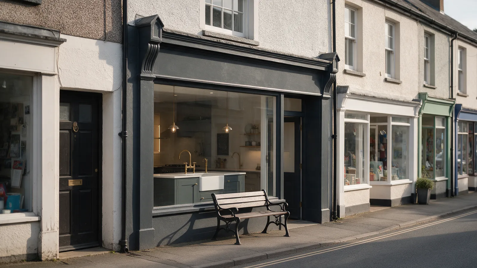 A small kitchen showroom with a charcoal shopfront on a village high street, a display kitchen with brass taps in the window and a bench outside