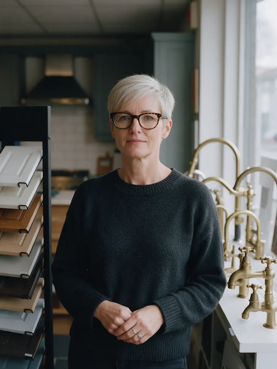 Carys Morgan, a Welsh woman in her late forties with short silver-blonde hair and tortoiseshell glasses, in a charcoal jumper beside a door sample rack in the showroom
