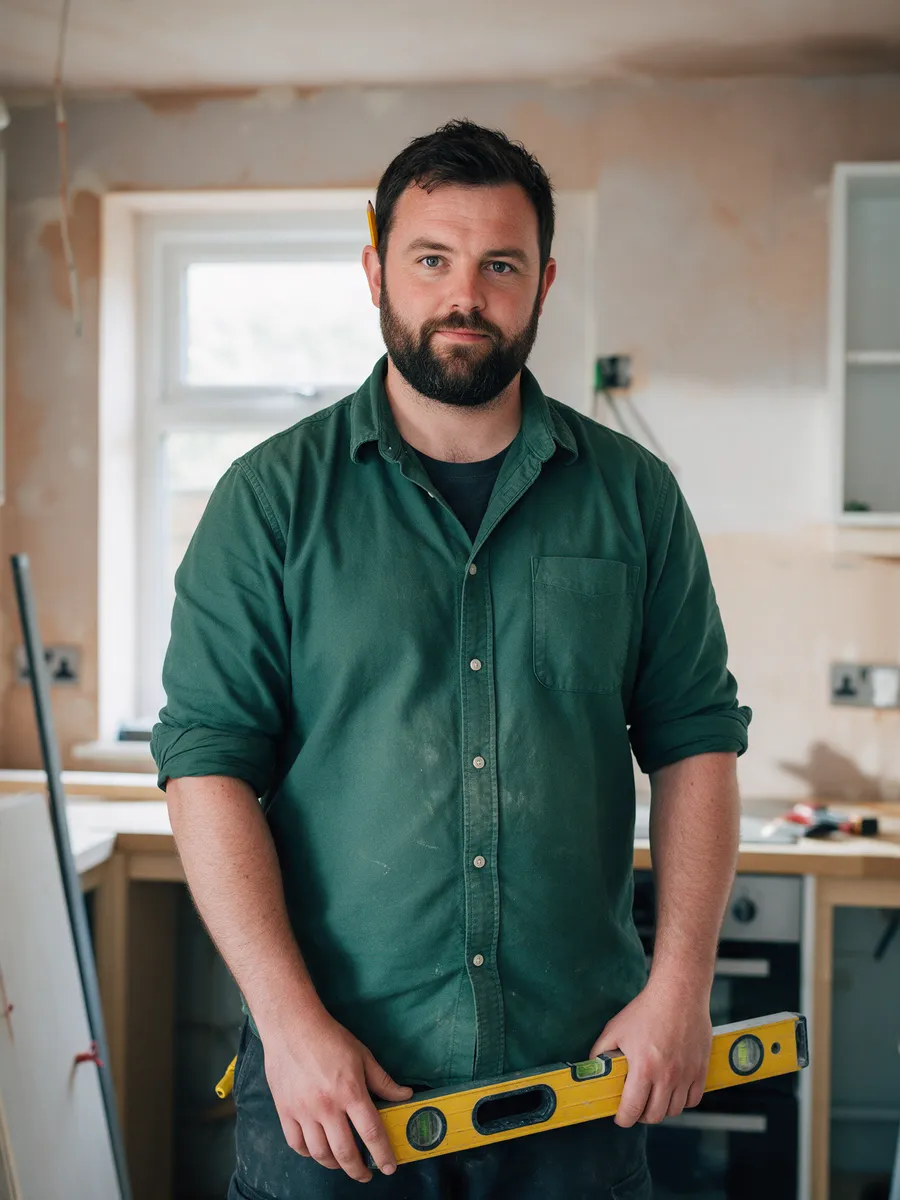 Gethin Price, a Welsh man in his mid-thirties with a dark beard, in a forest green work shirt with a pencil behind his ear, holding a spirit level in a half-fitted kitchen