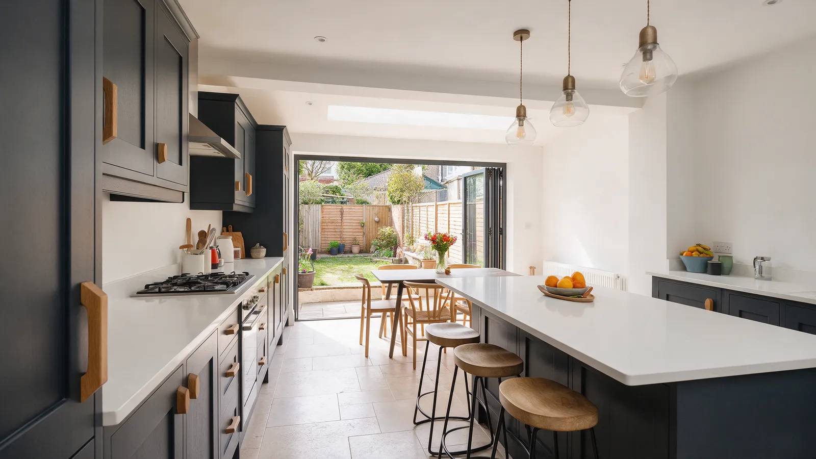 The finished kitchen-diner with charcoal cabinets, a white quartz island and bifold doors to the garden