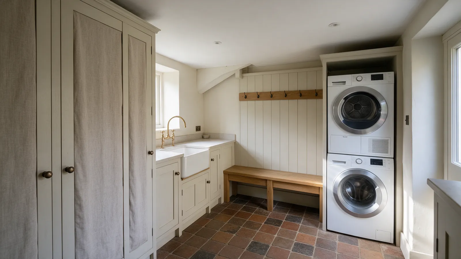 The finished utility and boot room with tall linen cabinets, a butler sink and an oak bench