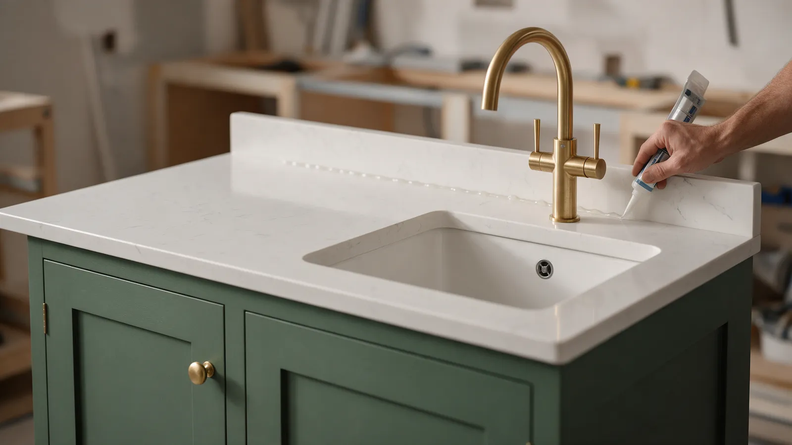 A white veined quartz worktop with an undermount sink and brushed brass tap, a fitter sealing the upstand above a forest green cabinet