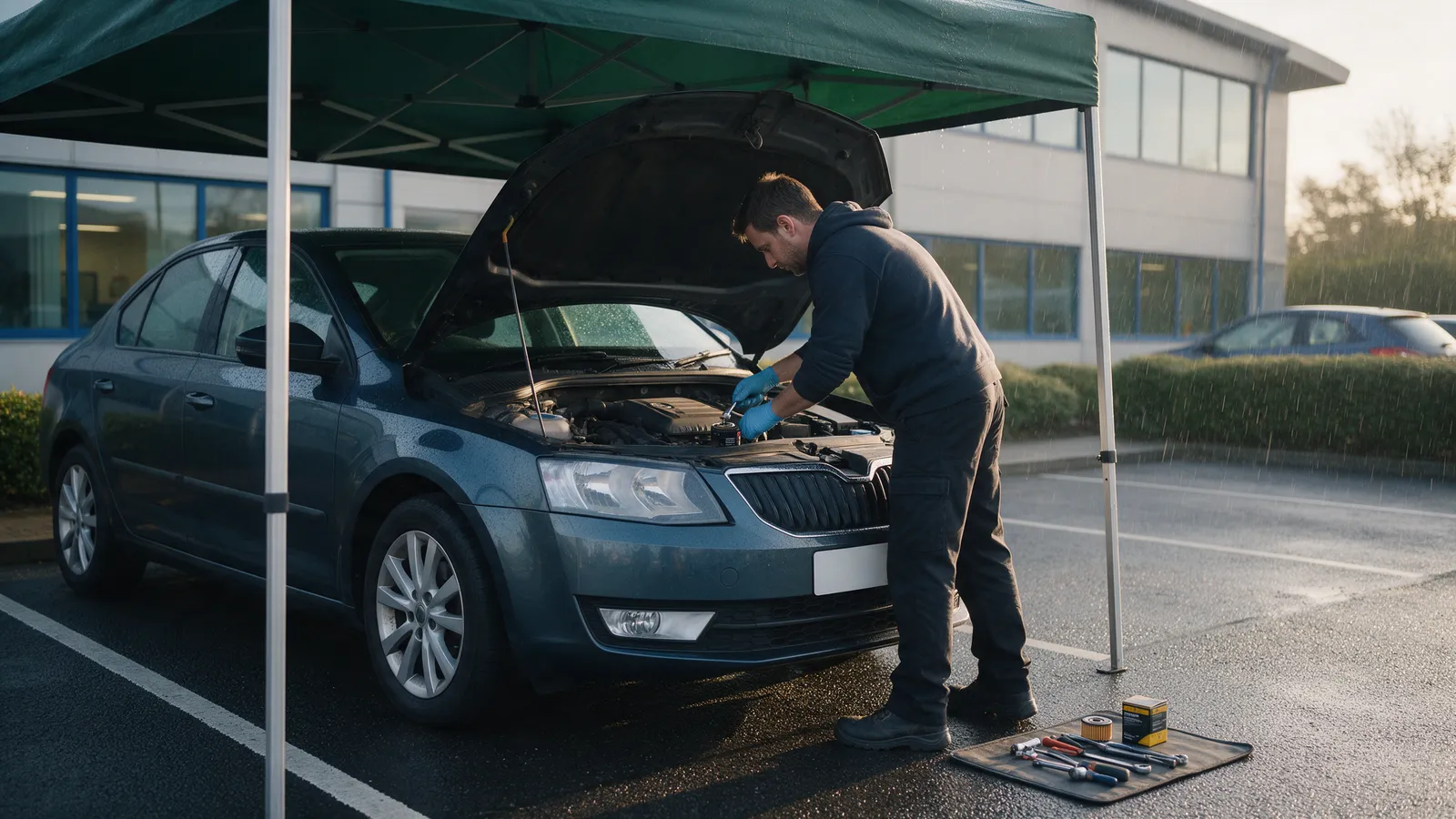 A mechanic servicing a car in an office car park under a dark green pop-up awning in light rain