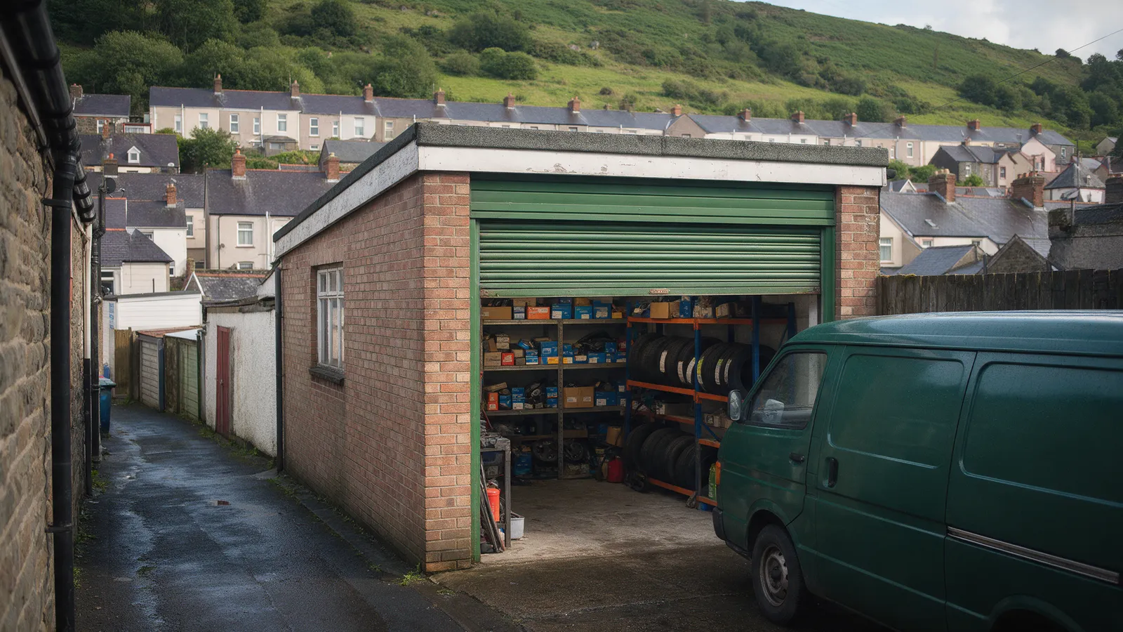 A brick lock-up with a green roller shutter half open on a back lane, a green van outside and shelves of parts and tyres inside