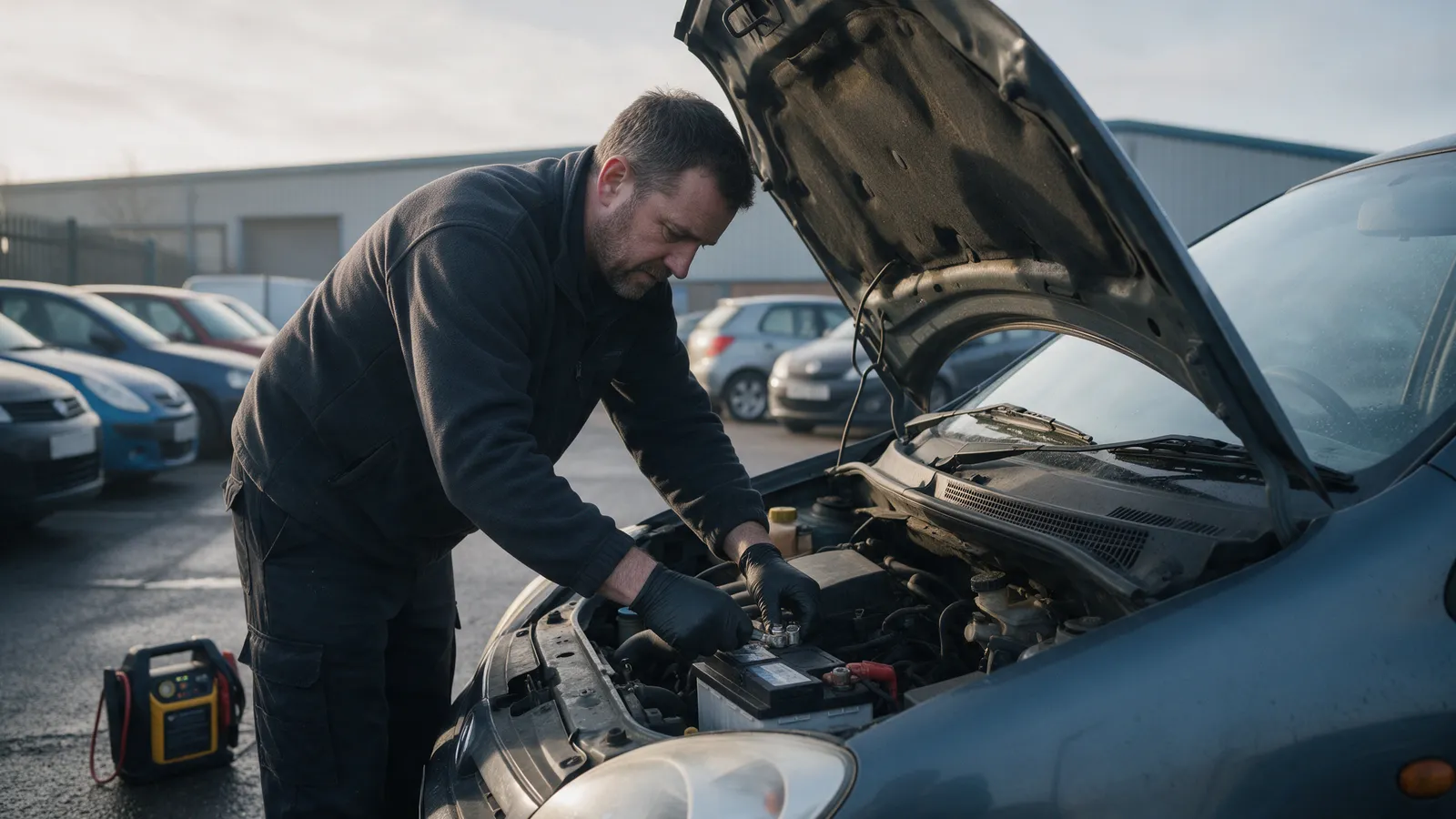 A mechanic fitting a new battery under the bonnet of a small hatchback in a workplace car park on a grey morning, a jump pack on the ground