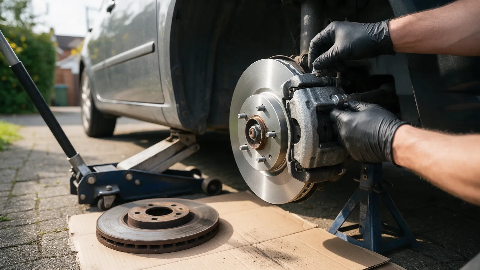 A new brake disc and caliper fitted to a car on a driveway, gloved hands torquing the bolts, the old worn disc on a cardboard sheet beside it