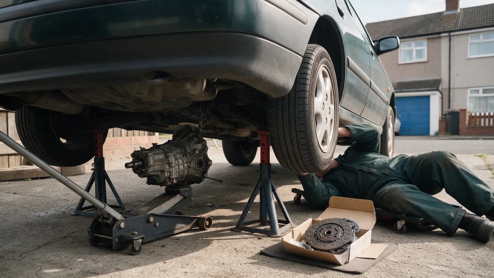 A family car on axle stands on a concrete driveway with the gearbox lowered on a transmission jack and a new clutch kit in its box beside it